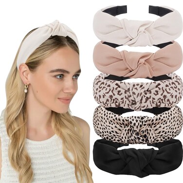 AHONEY 5 Pack Knotted Headbands for Women Trendy Fashion Thick Headbands Top Knot Non Slip Cute Hair Accessories Multi-style Headband Pack Diademas Para Mujer (Neutral)
