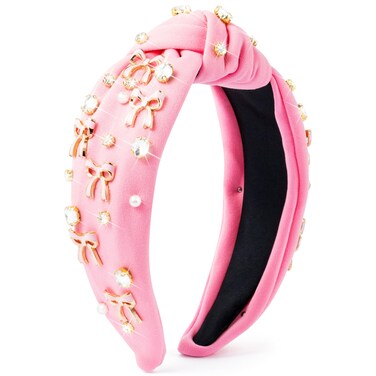 PANTIDE Coquette Pink Bow Jeweled Knotted Headband - Rhinestone Crystal Pearl Embellished Preppy Trendy Headband Wide Top Knot Non Slip Fashion Hairband Accessories Birthday Gift for Women Girl (Pink)