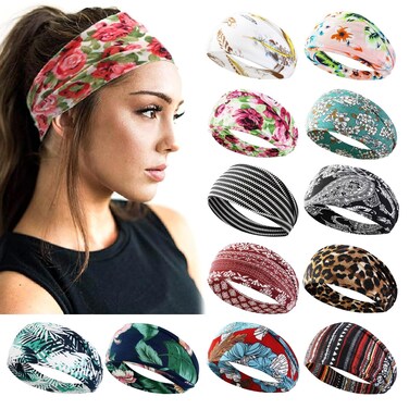 AKTVSHOW 12 Pack Boho Headbands - Wide Non-Slip Elastic Headbands, Trendy Hair Accessories for Women's Yoga, Workout, and Fashion