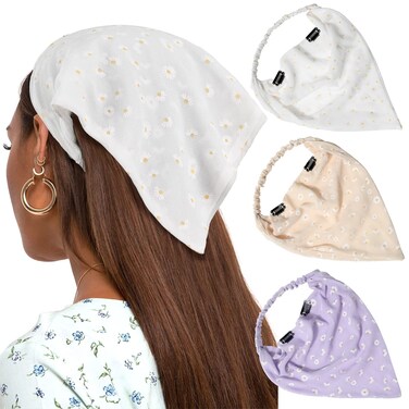 AWAYTR Elastic Hair Scarf Headband 3 PCS Head Scarves with Hair Clips Kerchief Hair Bandanas Headband for Women (White/Beige/Purple)