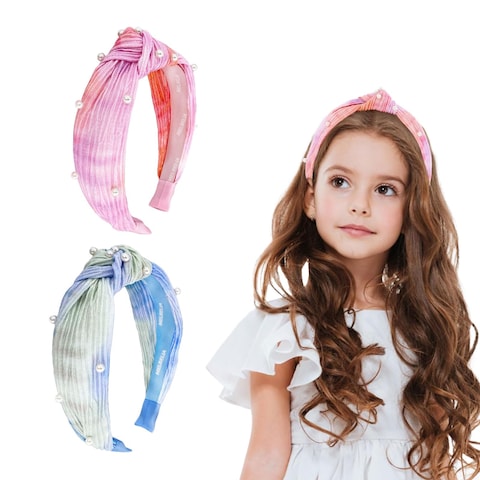 Melbelia Knotted Headbands for Girls Non Slip Toddler Girl Pearl Headband Kids Wide Top Knot Head Bands Mommy and Me Fashion Hairband Womens Turban Hair Accessories(Blue &amp; Pink, 2Pcs)
