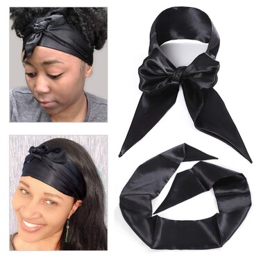 Leeven 2 Pcs Silky Satin Edge Scarves 4.5&rdquo;x54&rdquo; Large Wig Grip Band Women Satin Headband For Lace front Wigs Non Slip Hair Wrap Black Satin Edge Laying Scarf For Makeup, Facial,Sport,Yoga