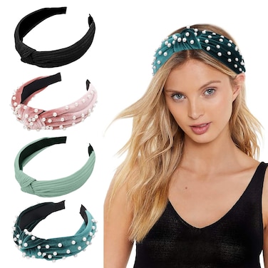 WOVOWOVO Headbands for Women Girls Knotted Wide Pearl Head Band Top Knot Head Bands for Women&rsquo;s Hair Thick Headband Velvet Hairbands 4Pcs