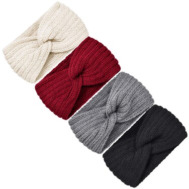 TecUnite 4 Pieces Chunky Knit Headbands Braided Winter Headbands Ear Warmers Crochet Head Wraps for Women(Red, Black, Grey, Beige)