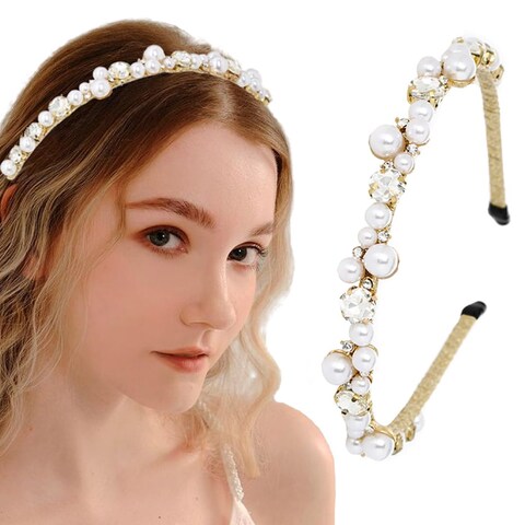 Firuilo Gold Thin Headband Rhinestones Pearl Hairband Sparkly Crystal Head Bands Accessories for Women(Type A)