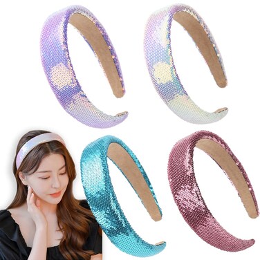 LONEEDY 4 PCS Glitter Beaded Sequins Sparkly Wide Hard Headbands for Girls and Women,1.3-Inch Wide Padded Hair Bands Fashion Cute Daily Accessories for Kids (lake blue + white+pink+purple)