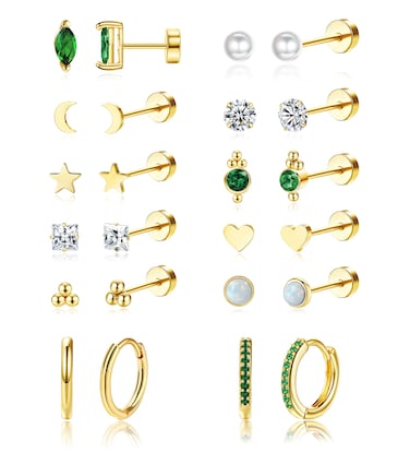 Hypoallergenic Flat Back Cartilage Earring Sets for Multiple Piercing,20G Flat Back Stud Earrings and Hoop Earrings for Women Small Gold Surgical Steel Flatback Earrings Stacks Helix Piercing Jewelry