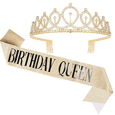 Birthday Crowns for Women, Didder Gold Rhinestone Tiara &amp; Birthday Queen Sash, Birthday Crown Birthday Tiara Birthday Sash and Tiaras for Women Girls Birthday Gifts Party Accessories