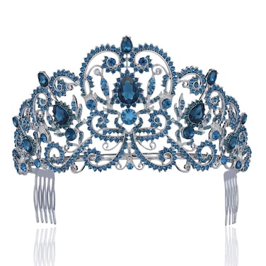 Victorian Clear White Austrian Rhinestone Crystal Tiara Crown With Hair Combs Princess Queen Headband Headpiece Jewelry Beauty Contest Birthday Bridal Prom Pageant Silver T1505 (Teal)