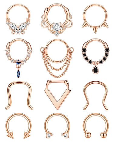 YADOCA 12Pcs 16G Septum Rings Surgical Steel Dangle Septum Piercing Jewelry for Women Septum Clicker Nose Rings Hoop CZ Horseshoe Cartilage Helix Tragus Daith Septum Piercing Jewelry Rose Gold 10MM
