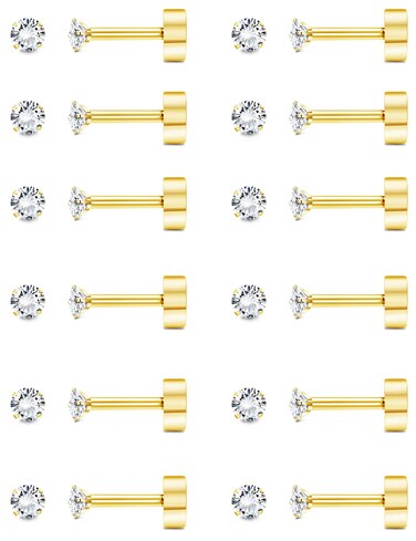 FASACCO 12 Pairs 14K Flat Back Earrings 20G Cartilage Earring Stud Tiny 2MM Flat Back Stud Earrings