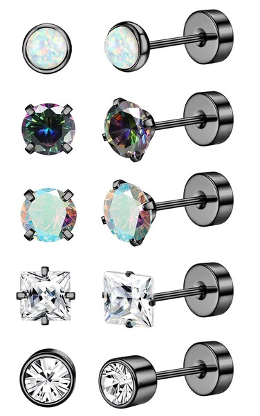 Jstyle Surgical Steel Earrings for Women Men Hypoallergenic Stud Earrings for Sensitive Ears Flat Back Earrings Stud 20G Stainless Steel Cartilage Earring Opal Small Flatback Stud Earrings Black Tone