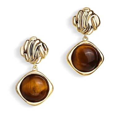 Sonateomber Gold Chunky Tiger Eye Stone Dangle Drop Earrings for Women, Valentine Vintage Statement Brown Natural Gemstone Square Dangling Hypoallergenic Earing Jewelry Gift.