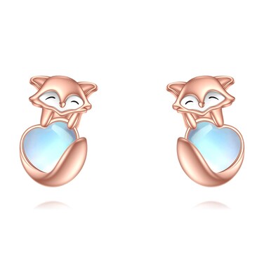 Fox Studs Earrings for Women Sterling Silver Moonstone Fox Studs Earrings Animal Earrings Fox Jewelry for Girlfriend