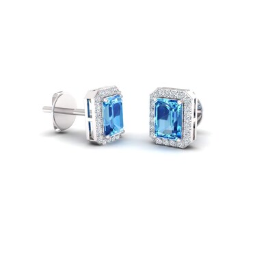 Diamondere Natural and Certified Blue Topaz and Diamond Petite Stud Earrings in 14K White Gold   0.67 Carat Halo Earrings for Women