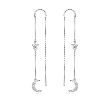 925 Sterling Silver Star Moon Threader Earrings Dangle Drop Earrings for Women