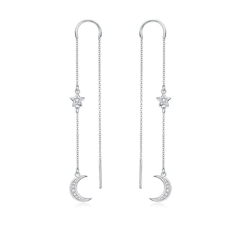 925 Sterling Silver Star Moon Threader Earrings Dangle Drop Earrings for Women