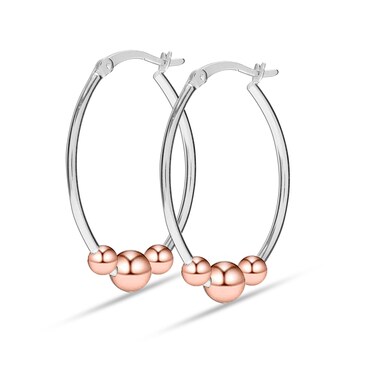 LeCalla 14K Rose-Gold Plated 925 Sterling Silver Light-Weight Oval Two-Tone Earring Hoops Jewelry Bead Ball Hoop Earrings for Women