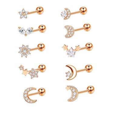 LOYALLOOK 10Pcs Cartilage Earrings Helix Tragus Earring Moon and Star Earrings CZ Heart Flower Barbell Surgical Steel Cartilage Earrings for Women Men Rose Gold Tone