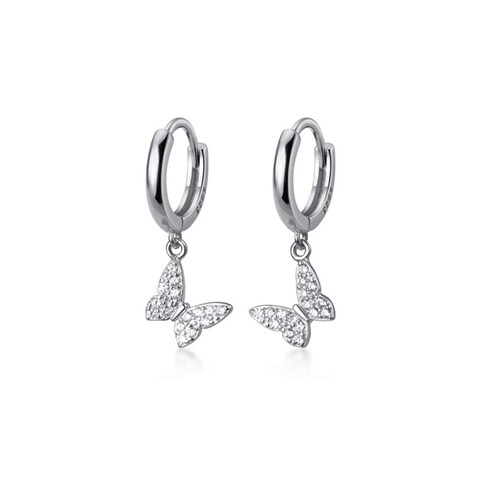 Dainty Butterfly Dangle Hoop Earrings 925 Sterling Silver for Women Cute CZ Crystal Diamond Sparkly Charm Drop Cartilage Small Huggie Hoops 10mm Fashion Jewelry Christmas Gifts Hypoallergenic (Silver)