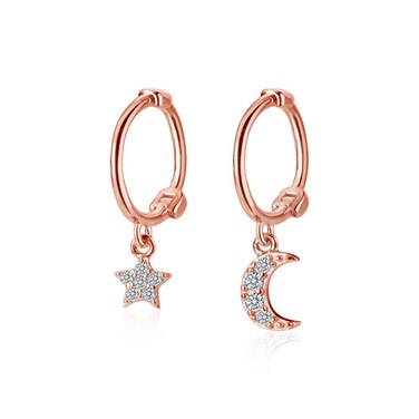 Dainty Moon Star Small Hoop Earrings Sterling Silver for Women Teen Girls Asymmetrical CZ Crystal Dangle Cartilage Tiny Huggie Hoops 8mm Jewelry (Rose Gold)