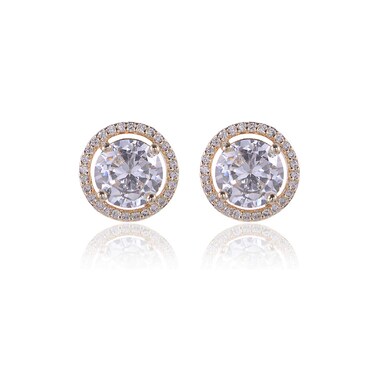 CZ Stud Earrings Sterling Silver - 14k Gold Plated Big Round Crystal Cubic Zirconia Rhinestone Diamond Halo Bridal Stud Earrings Bridesmaids Earrings Hypoallergenic 13mm Large Size