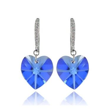 Blue Earrings for Women Crystal Hearts Sterling Silver Dangle Earring Bridesmaids Fashion Trendy Summer
