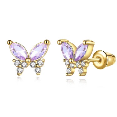 Butterfly Earrings for Women 18K Gold Plated Purple Tiny Stud Earrings CZ Amethyst Cartilage Earring for WomenJewelry Gifts