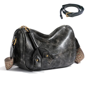 DUOL COOS Leather Crossbody Bag with 2 Removable Straps, Trendy Small Shoulder Bag, Bucket Purse for Women Black