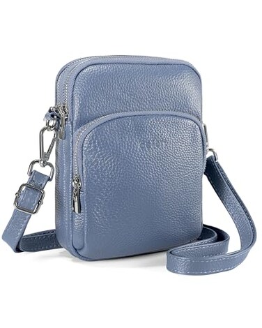 befen Genuine Leather Triple Zipper Small Crossbody Bag for Women, Cross Body Bags Lightweight with Adjustable Shoulder Strap and RFID Card Slots - Grey Blue