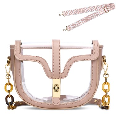 KKXIU Clear Crossbody Bag for Women Stadium Approved Vegan Leather Concert Shoulder Sports See-Through Purse (Pink)