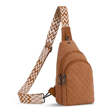 EMBRUNIOICE Sling Bag for Women Crossbody Bag, Vegan leather Crossbody Fanny Pack with Guitar Strap, Quilted Trendy Chest Bag for Women Travel(Brown)