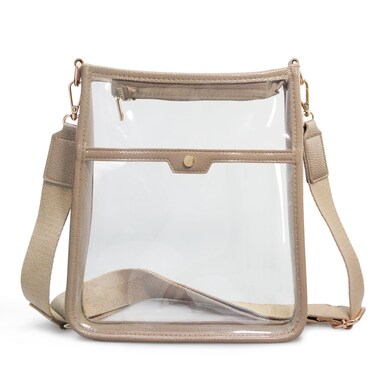 Women's Clear PVC Cross Body Bag Zipper Pocket Shoulder Bag with Vegan Leather Trim Stadium Approved Transparent Purse (Nude)