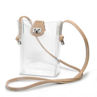 Women's Small Clear PVC Cross Body Bag Phone Bag with Vegan Leather Trim Transparent Turn-Lock Purse Stadium Approved (Nude)