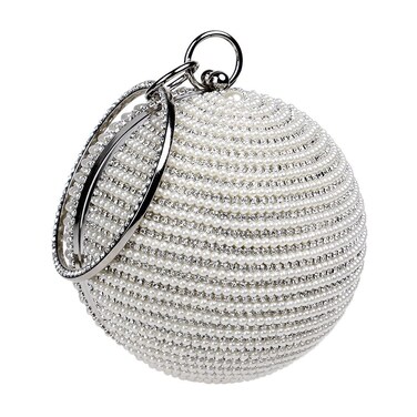 CORIOS Evening Handbag for Women Round Ball Clutch Purse Beaded Pearl Clutch Bag Rhinestones Shoulder Bag Bridal Wedding Purse Crossbody Bag for Wedding Cocktail Party Banquet Prom Silver