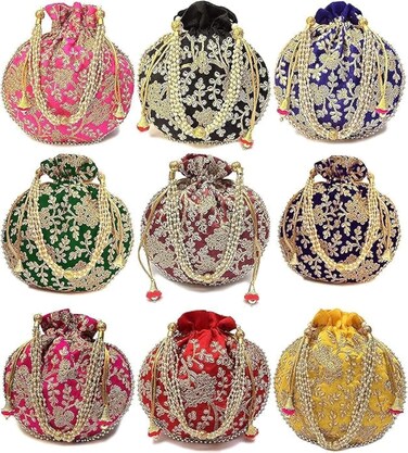 Pack of 20 Indian Ethnic Potli Bag Ladies Handbag Purse for Bridal Batwa Pearls Handle Purse Clutch Purse for Women
