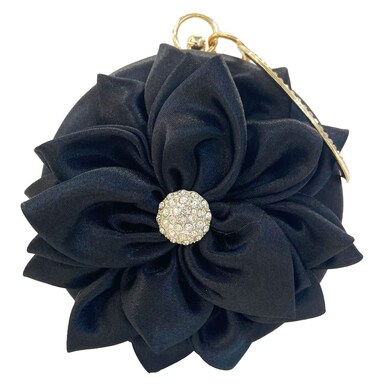Obosoyo Women Flower Shaped Rhinestone Clutch Soft Satin Wristlet Handbag Round Purse Wedding Party Purse Clutch Evening Bag