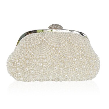 Aovtero Pearl Clutch Bride Bag Purse Women Wedding Prom Evening Bags Formal Full Beaded Handbag with Chain (Ivory White)