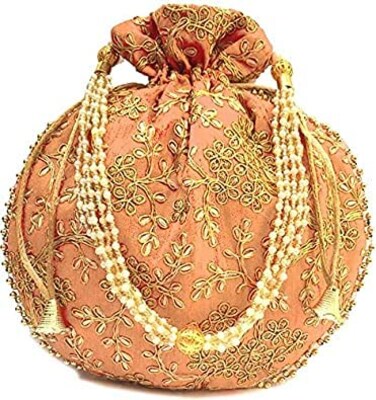 Truesellershop Indian Ethnic Designer Embroidered Silk Potli Bag Batwa Pearls Handle Purse Clutch Purse for Women (Beige)