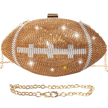 LADIHAB Football Purse Rhinestone Sparkly Glitter Clutch Purses for Women Evening Bling Bag Crystal Rugby Ball Shaped Novelty Purse for Party,Gold