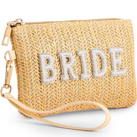 Shinylin Bride Straw Clutch Purse Pearl Rhinestone Wedding Straw Handbag Women&#39;s Bohemian Wristlet Purse for Honeymoon Bridal(Yellow)