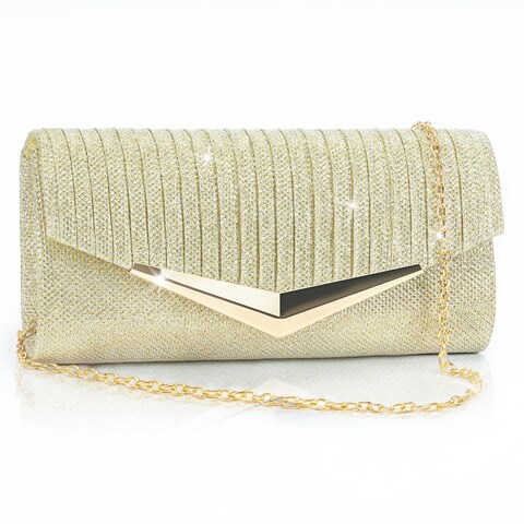 Larcenciel Clutch Purses for Women, Pleated Sequin Envelope Evening Bags w/Chain, Shiny Formal Ladies Shoulder Crossbody Handbags Perfect for Party Prom Weddings Holidays Special Occasions (Gold)