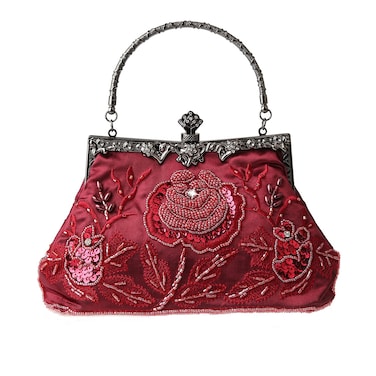 Womens Vintage Floral Beaded Rhinestone Embroidery Clutch Sequin Crossbody Bag Evening Handbag for Bridal Wedding Party Prom