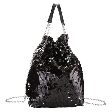 Ayliss Women Drawstring Bucket Bag Reversible Mermaid Sequin Chain Shoulder Bag Crossbody Handbags (Black)