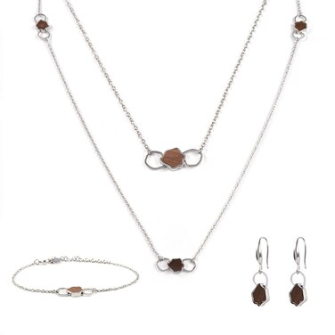 BEWELL Silver Jewelry Sets,Simple Pendant Wooden Necklace Earrings Bracelet Sweater Chain Set for Women