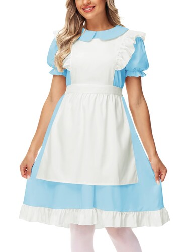 Alice Costume for Women Blue French Maid Costume Puff Sleeve Princess Dress Clothing Set 2XL