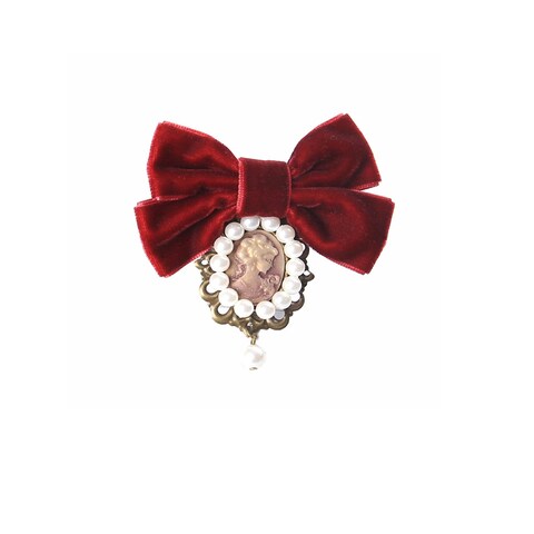 Safety Cameo Brooch Velvet Bow Pearl Brooch Pins,Vintage Red Women&#39;s Victorian Cameo Brooch Bow Ties,Pearl Brooch Pins Shawl Clips for Teen Girls Gifts (Red)