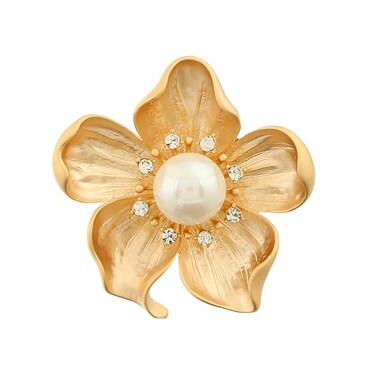 Yellow Flower White Faux Pearl Brooch Pin Layered Flower Lapel Pin Women Girls Dress Suit Cardigan Safty Pin Metal Flower Decor Mother's Day Women's Day Gift (gold)