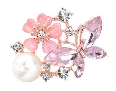 Gyn&amp;Joy Golden Tone Womens Floral Butterfly Brooch Pin with Faux Pearl Pink Crystal Rhinestones