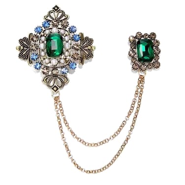 Retro Gold Plated Chain Green Crystal Brooches Collar Pins Crystal Rhinestone With Hanging Chain Suit Shirt Lapel Brooch Pin Fashion Jewelry for Men Boy (Green Rectangle)